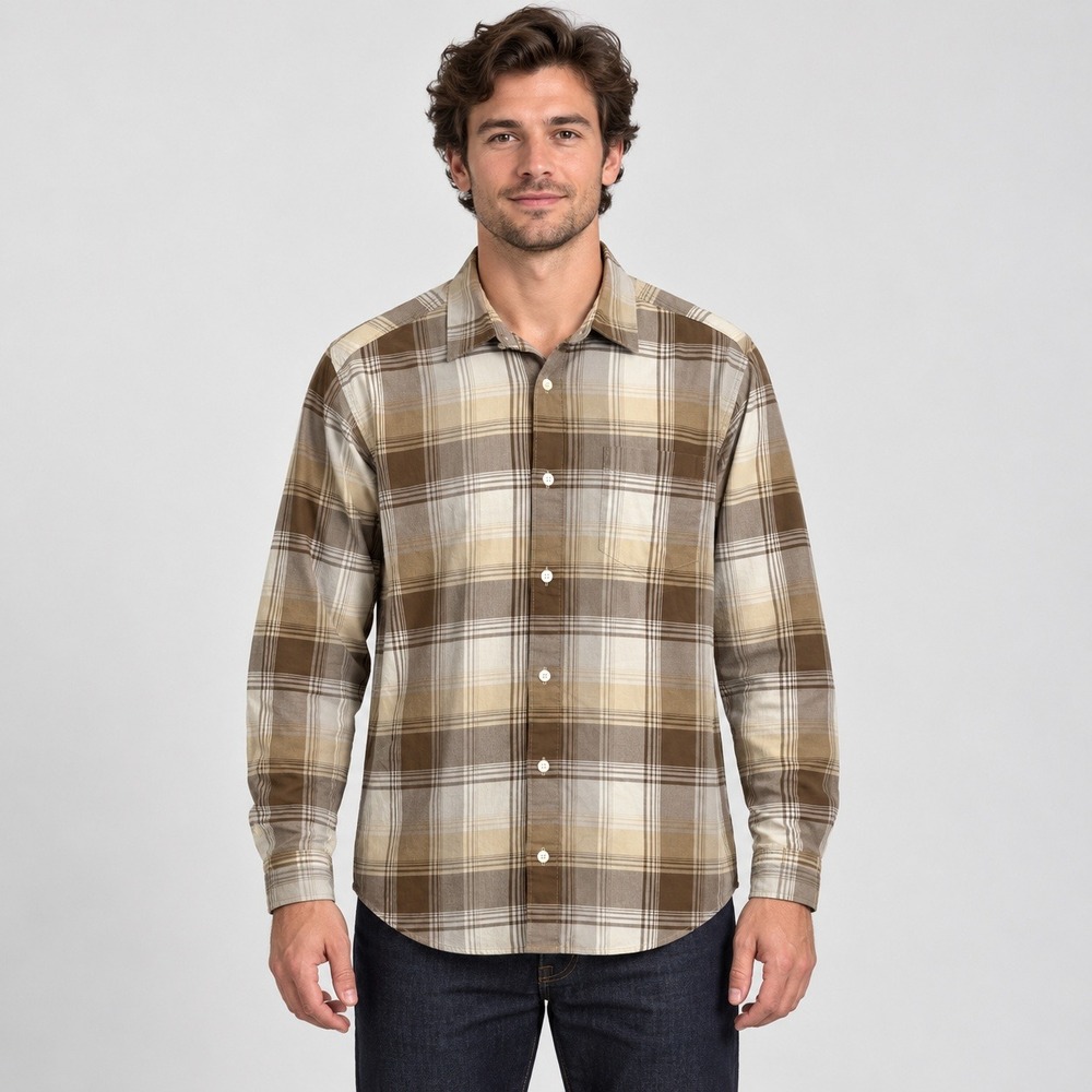 Patagonia Mens L Brown Plaid Organic Cotton Blend Long Sleeve Button Down Shirt